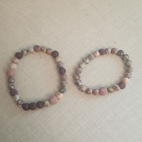 His & Hers Ocean Jasper & Dyed Lava Elastic Bracelets New Custom Made  7" & 8" - Picture 1 of 10